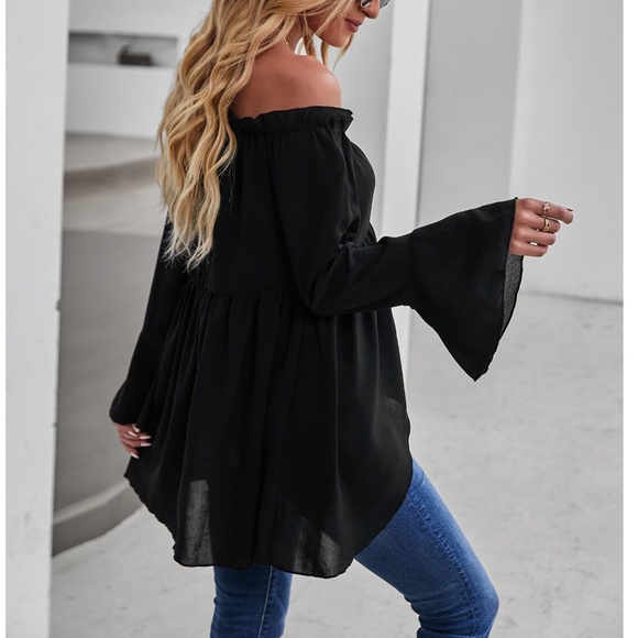 Solid Black Off Shoulder Flounce Sleeve High Low Blouse - Picture 2 of 6